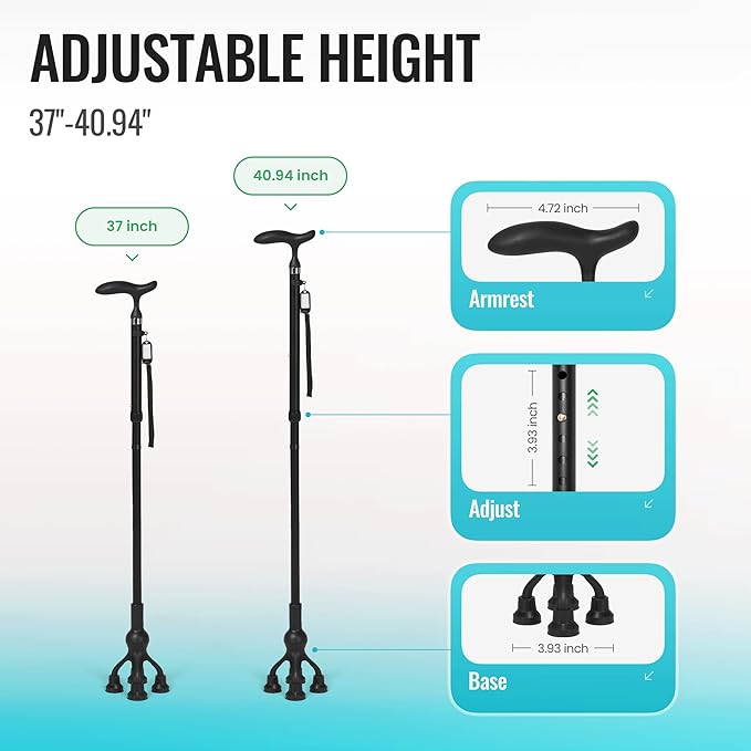 Careboda Foldable Walking Cane, Walking Cane with Adjustable Height, Folding Cane with T-Handle, Free Standing Cane for Seniors & Adults, Mobility and Daily Living Aids, Supports up to 300 lbs, Black