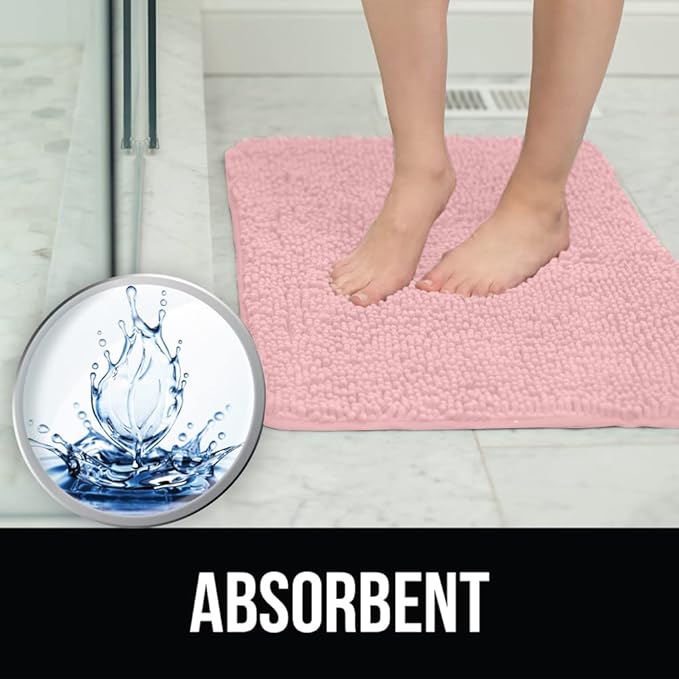 KANGAROO Bathroom Rugs, Chenille Soft Absorbent Bath Rug, Shaggy Shower Mat, Quick Dry Machine Wash Bathmat, Plush Carpet Mats for Tub, Bathtub and Room Home Decor Accessories, 24x17, Light Pink