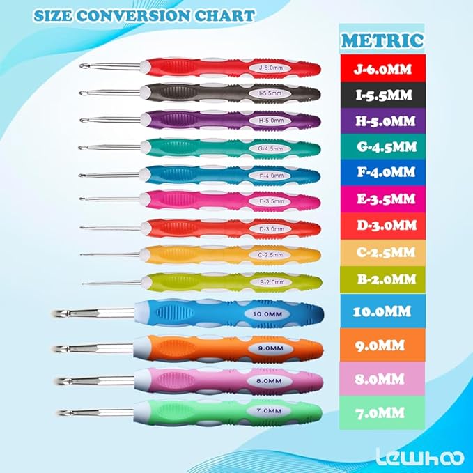 Lewhoo Ergonomic Crochet Hooks Set with Case, 13 Size Crochet Hooks for Arthritic Hands 2.0mm -10.0mm (B-N)