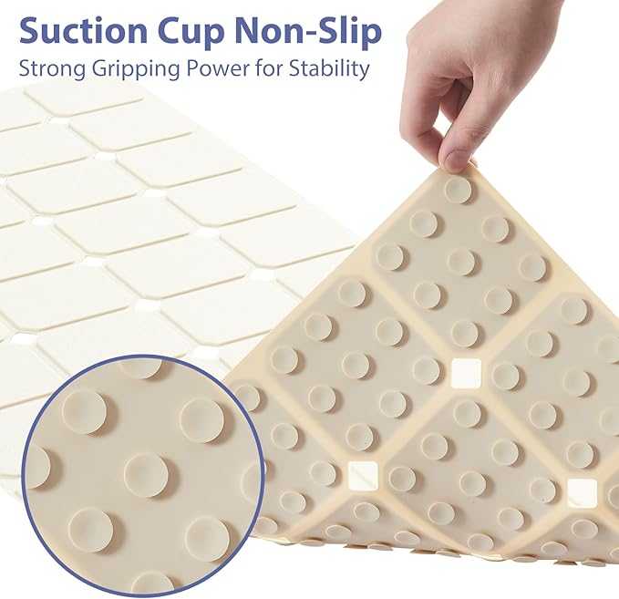 Bathtub Mat Non Slip Silicone Foldable Extra Long Tub Mat Strong Suction Cups & Large Drain Holes, Durable,Machine Washable for Smooth Surfaces Shower Mat, Ideal for Families Beige,15"x40" Beige