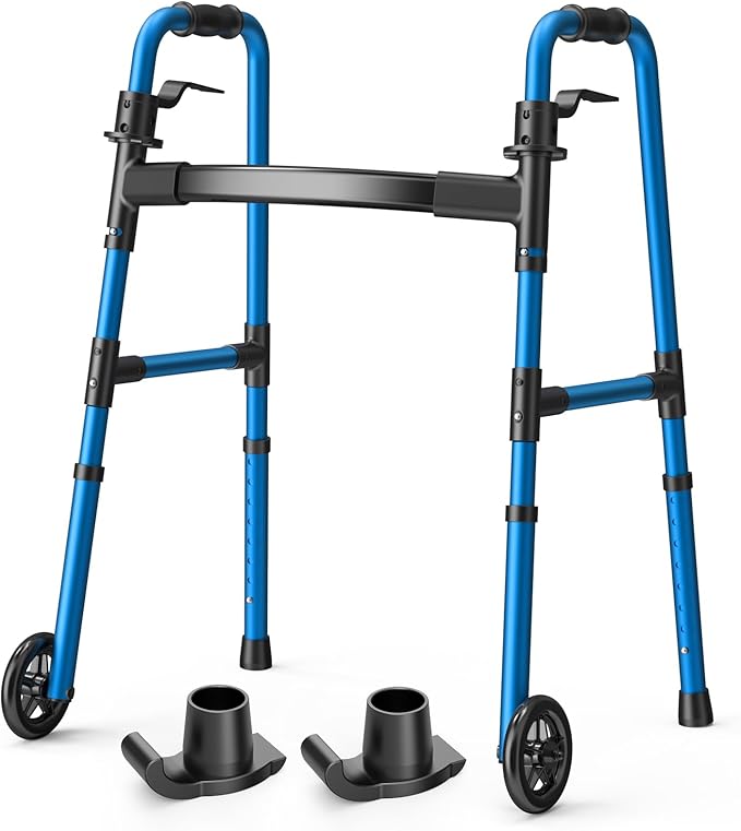 Folding Walker with 2 Skis and 5" Wheels, Lightweight Walkers for Seniors and Adults, Supports Up to 350 Pounds, Adjustable Height, Compact Standard Walker, Blue