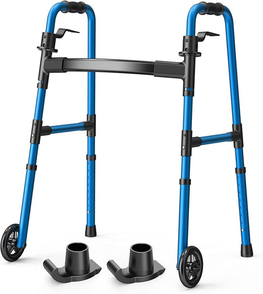 Folding Walker with 2 Skis and 5" Wheels, Lightweight Walkers for Seniors and Adults, Supports Up to 350 Pounds, Adjustable Height, Compact Standard Walker, Blue