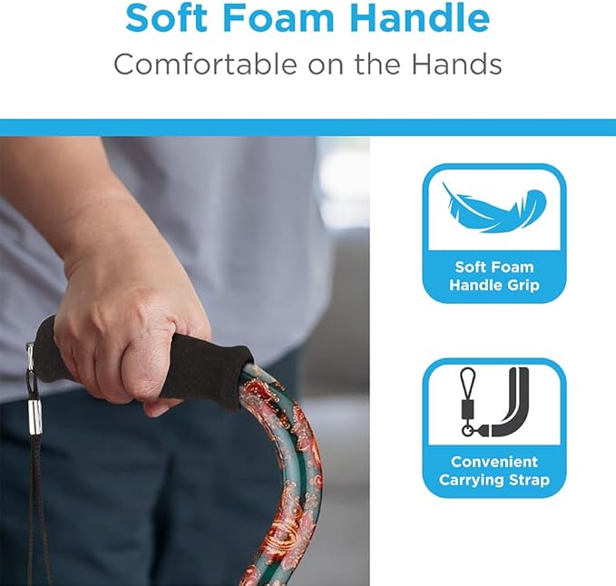 Nova Joy Designer Offset Walking Cane for Seniors - Unisex Adjustable Lightweight Aid with Foam Handle, Wrist Strap and Anti-Rattle Lock - Essential Mobility Support - Green Paisley