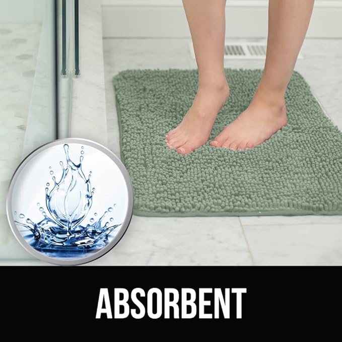 KANGAROO Bathroom Rugs, Chenille Soft Absorbent Bath Rug, Shaggy Shower Mat, Quick Dry Machine Wash Bathmat, Plush Carpet Mats for Tub, Bathtub and Room Home Decor Accessories, 42x24, Sage