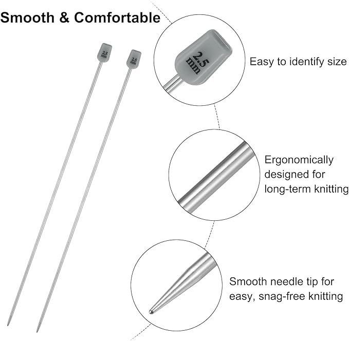 uxcell 4Pcs 2.5mm(C) Single Pointed Knitting Needles Stainless Steel 9.84 Inches Length Metal Weaving Tool for Handmade Projects DIY Knitting