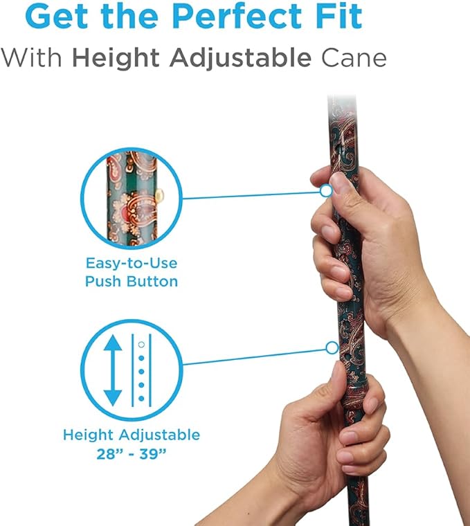 Nova Joy Designer Offset Walking Cane for Seniors - Unisex Adjustable Lightweight Aid with Foam Handle, Wrist Strap and Anti-Rattle Lock - Essential Mobility Support - Green Paisley