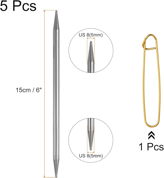 uxcell 5Pcs Knitting Needle Size US 8(5mm) Diameter 6 Inches (15cm) Length Stainless Steel Double Pointed Sweater Stitching Needles with Stitch Holder for Handmade Projects DIY Knitting