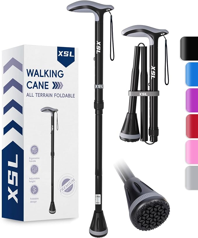 XSL Walking Cane - Foldable, Adjustable, Collapsible Walking Canes for Men & Women, Heavy Duty All Terrain Tip, with Travel Bag | Portable Walking Sticks for Seniors & Adults