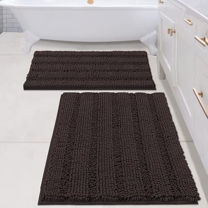 H.VERSAILTEX 2 Piece Bathroom Set - Super Absorbent Chenille Striped Bath Mats - Non Skid, Machine Washable - Chocolate, 24 x 36 Plus 20 x 32 Inches