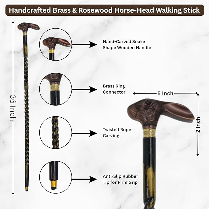All Black Snake Handle Spiral Wooden Walking Cane