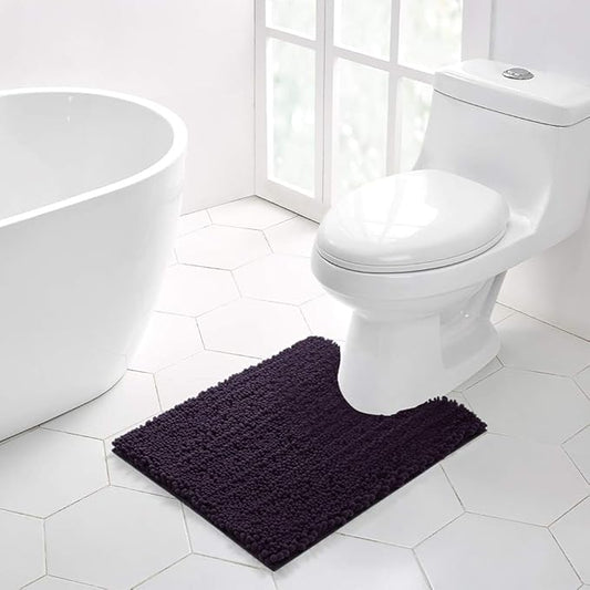 Walensee Bathroom Contour Rug Non Slip Toilet U Shaped Bath Mat (20x24, Dark Purple) Water Absorbent Super Soft Shaggy Chenille Machine Washable Dry Extra Thick Perfect Absorbant Best Plush Carpet