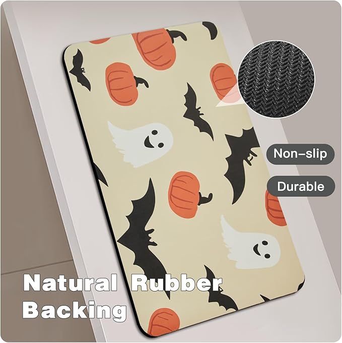 Halloween Bath Mat, Thin Bathroom Rug Non Slip Quick Dry Pumpkin Bath Mat Fits Under Door Thin Floor Mat Halloween Decor, 24''x36'', Pumpkins Bats and Ghost