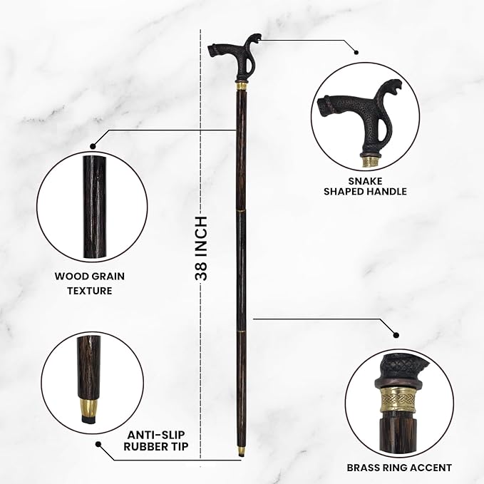 All Black Snake Handle Spiral Wooden Walking Cane
