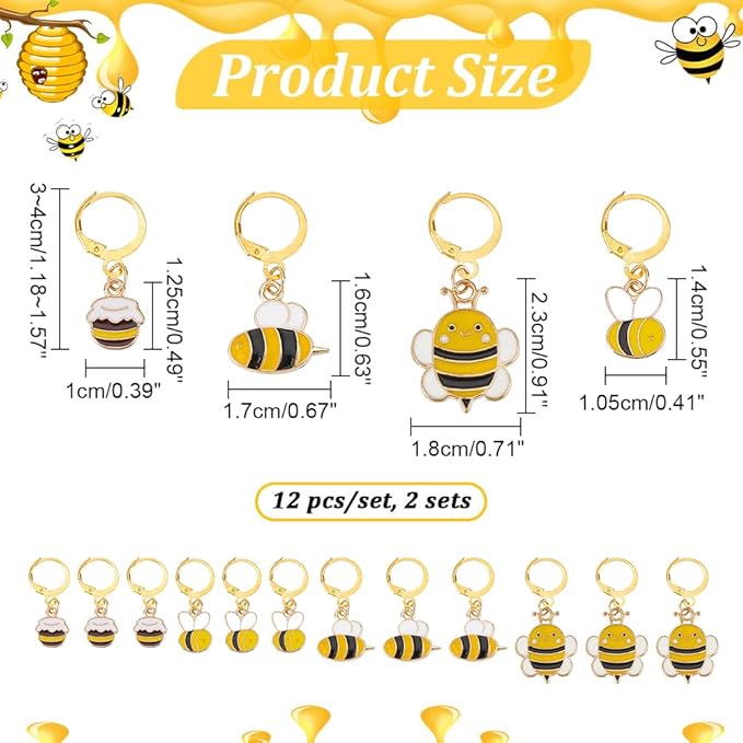 NBEADS 24 Pcs 4 Styles Bee Stitch Markers, Alloy Enamel Crochet Stitch Marker Charms Brass Clasp Locking Stitch Marker for Knitting Weaving Sewing Jewelry Making
