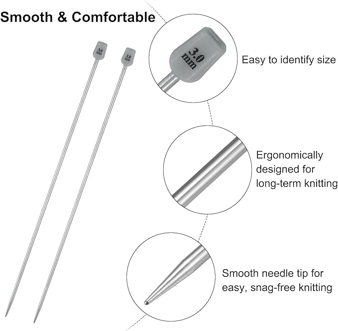 uxcell 2Pcs 3mm(D) Single Pointed Knitting Needles Stainless Steel 9.84 Inches Length Metal Weaving Tool for Handmade Projects DIY Knitting