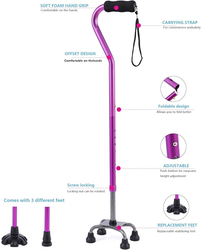 LIXIANG Walking Canes Stablize Women Quad Canes for Seniors & Adults Foldable Adjustable for Men & Women Heavy Duty Freestanding Cane for People with Leg Injuries 3 footings
