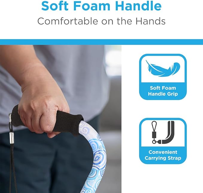 Nova Joy Designer Offset Walking Cane for Seniors - Unisex Adjustable Lightweight Aid with Foam Handle, Wrist Strap and Anti-Rattle Lock - Essential Mobility Support - Proud Peacock