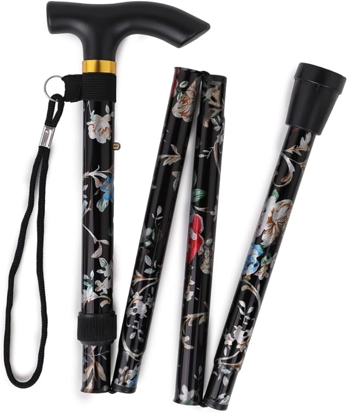 Folding Lightweight Walking Stick - Adjustable Aluminum Metal Collapsible Travel Cane with Non-Slip Rubber Base