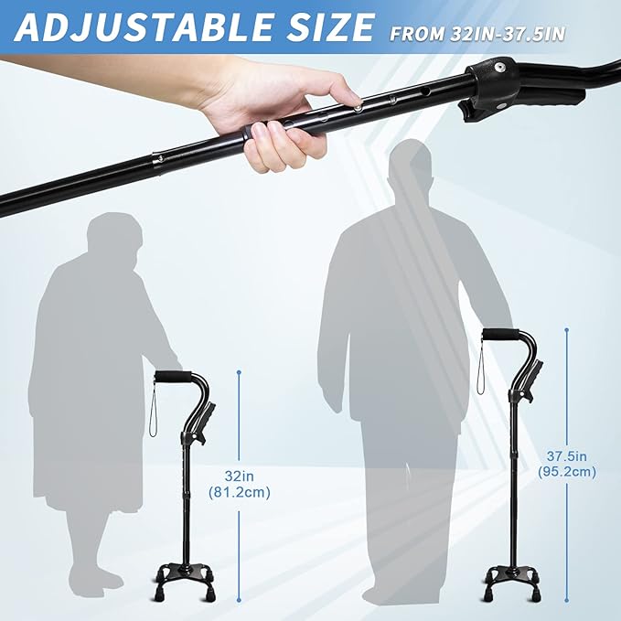 Adjustable Walking Cane for Men & Women with 4-Pronged Base for Extra Stability - Foldable Cane for Seniors with Foam Padded Offset Handle for Soft Grip & a Second Handle for Standing