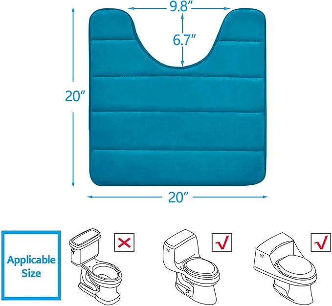 Buganda Memory Foam U-Shaped Contour Toilet Rugs, Non Slip Absorbent, Thick Soft Washable Bathroom Mat, Floor Carpet Bath Rugs Mat for Toilet Base (20" x 20", Peacock Blue)