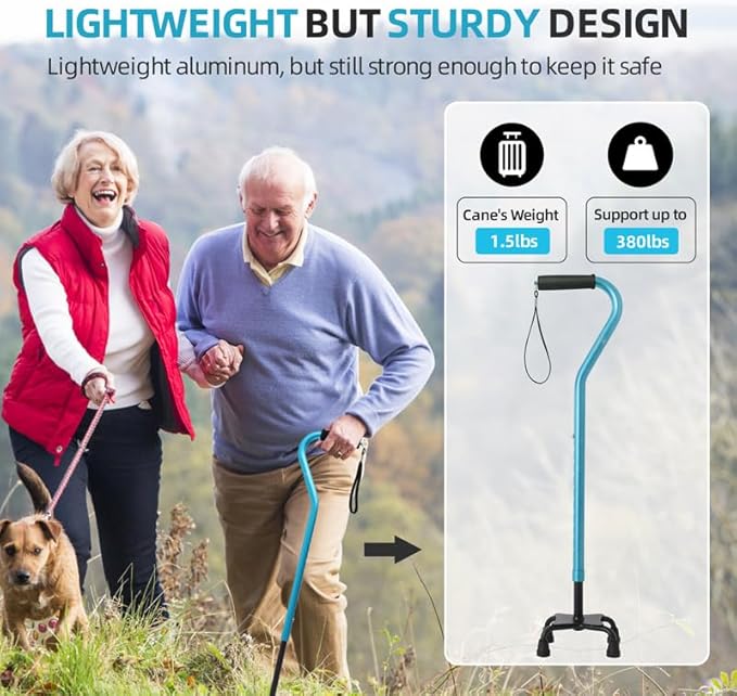 BeneCane Quad Cane Adjustable Walking Cane with Offset Soft Cushioned Handle for Men & Women Lightweight Comfortable with 4-Pronged feet for Extra Stability