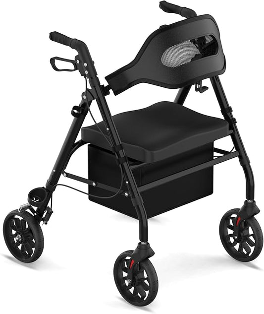 Walkers for Seniors, Foldable Rollator Walker with Seat, 8" Big Wheels, Lightweight Rollator Walker with Ergonomic Backrest, Adjustable Handles and Seat Height, 310 Lbs Weight Capacity, Black
