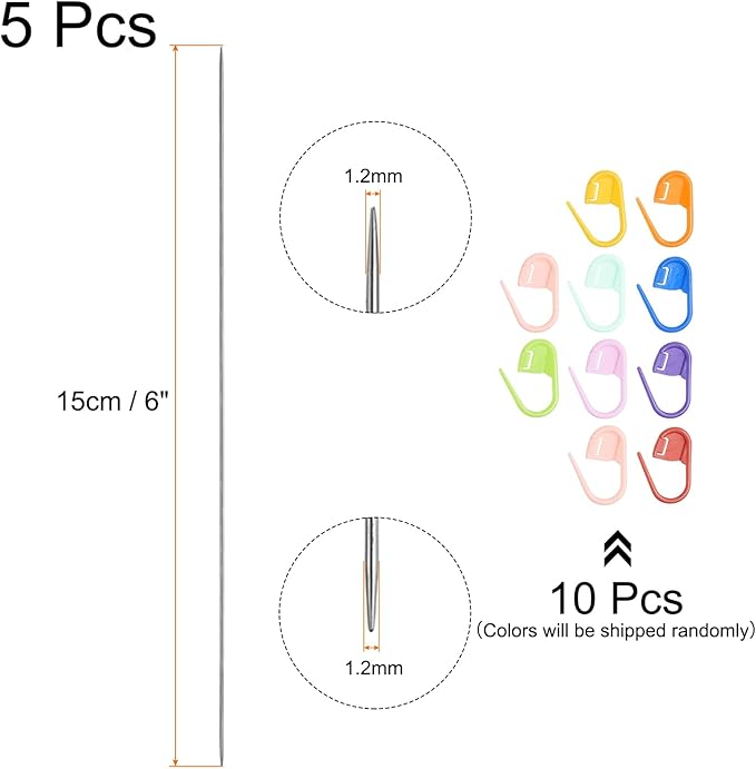 uxcell 5Pcs Knitting Needle 1.2mm Diameter 6 Inches (15cm) Length Stainless Steel Double Pointed Sweater Stitching Needles with 10 Colorful Stitch Markers for Handmade Projects DIY