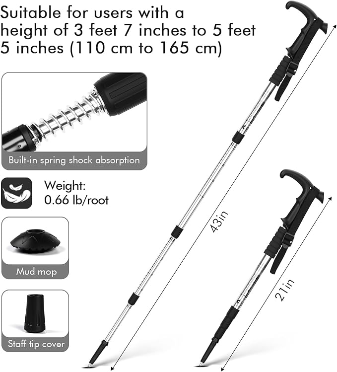 Telescopic Walking Cane 43 Inch with Anti-Shock & T-Grip Handle - 7075 Aluminum Quick Lock Trekking Pole, Ultralight for Hiking, Camping, Mountaineering
