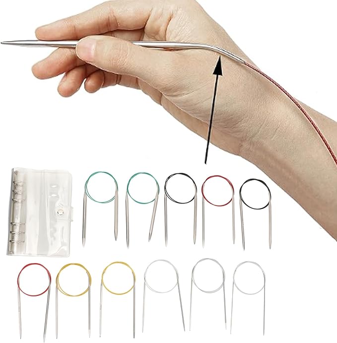 TOPINCN 11 Pcs Stainless Steel Circular Knitting Needles Set 2-8mm 80cm Semi Pointed Design Flexible Tubular Construction for Knitting Scarves Hats Sweaters