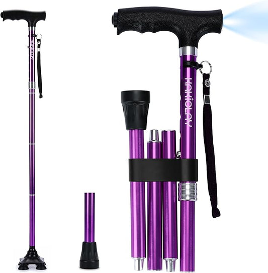 Folding Walking Cane with LED Light for Women & Men - Foldable, Adjustable, Collapsible Lightweight Aluminum Walking Stick for Seniors & Adults