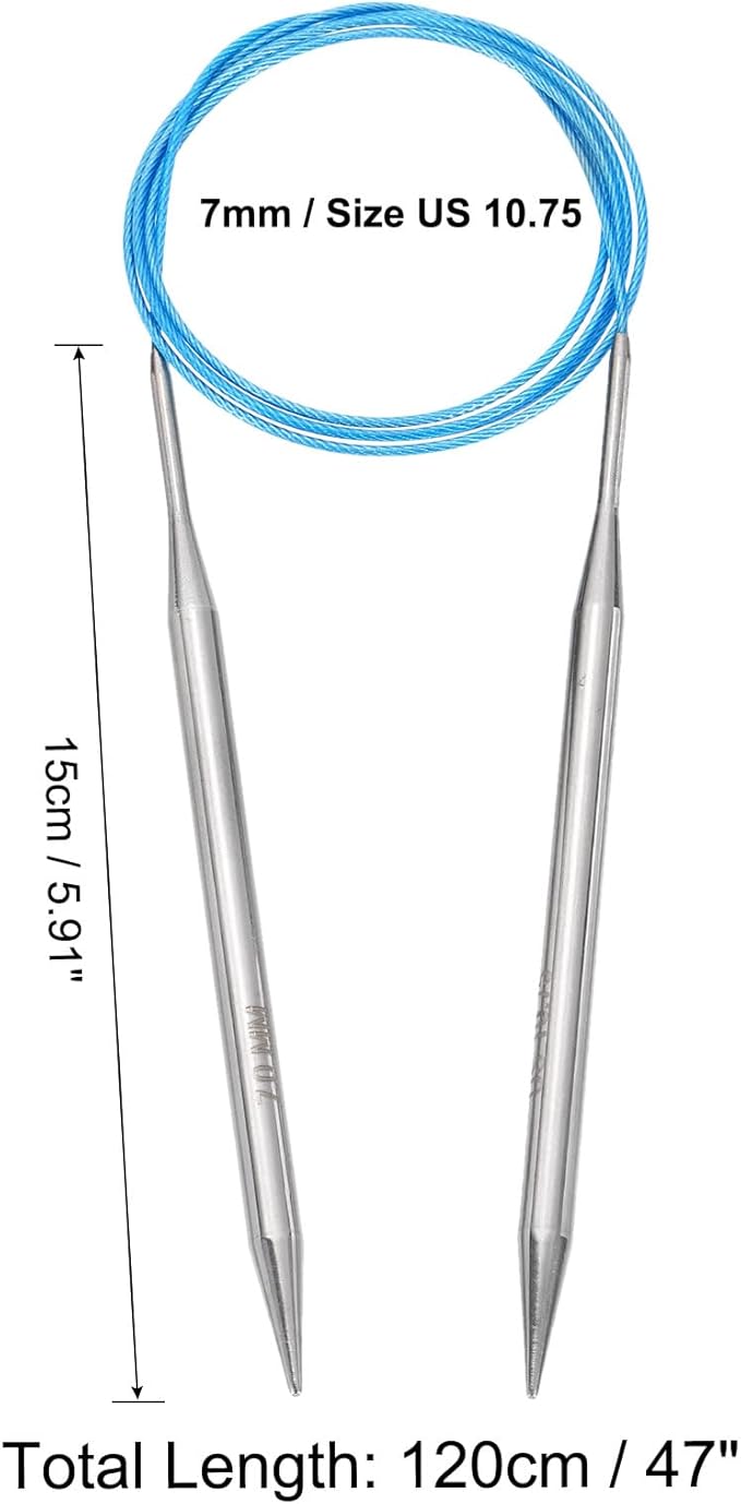uxcell Size US 10.75 (7mm) Knitting Needles Circular Needle 47 Inch(120cm) Round Metal Stainless Steel Needle for Handmade Projects DIY Knitting Blue