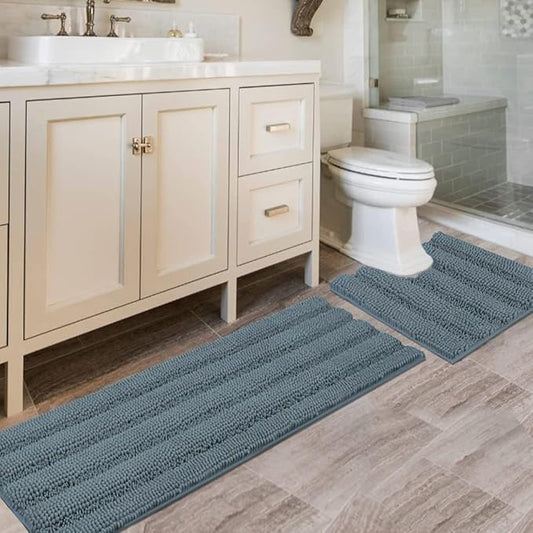 H.VERSAILTEX Bathroom Rugs Bath Rug Set 2 Piece Bathroom Contour Rug Toilet Mat Sets Non Slip Contour Bath Rug Ultra Thick Water Absorbent Striped Bath Mats(47" x 17" Plus 20" x 20" U, Stone Blue)