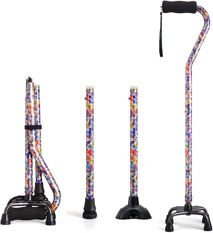Walking Cane for Women & Men, Adjustable Quad Cane with 4-Prong Base for Stability and Balance, Folding Aluminum Walking Stick for Seniors