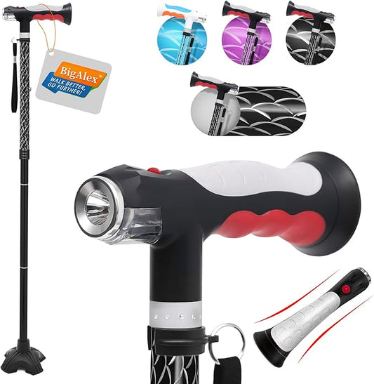 BigAlex Folding Walking Cane with Two Led Lights for Elderly Solid Base Adjustable Walking Stick with Carrying Bag for Men Women