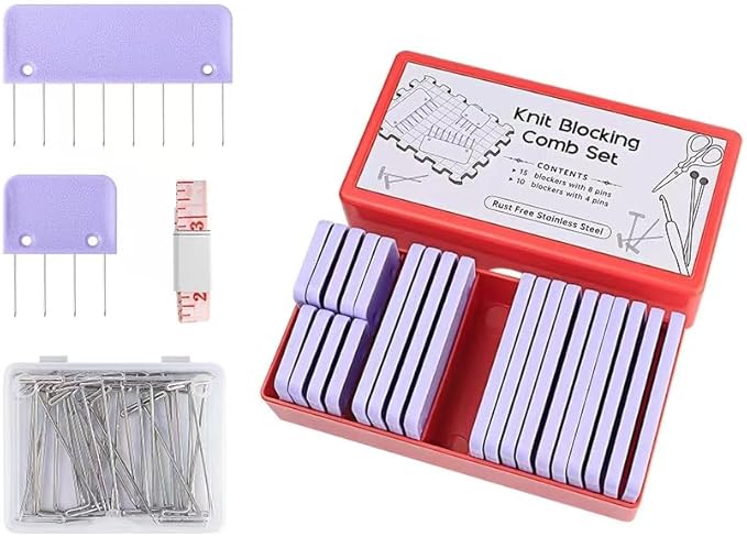 Mevome 25pcs Knit Blocking Pins Kit, White Blockers Combs 100 T-pins & Ruler for Knitting Crochet Projects Lace Needlework Block Tool for Blocking Mats Boards Accessories Device (Purple)