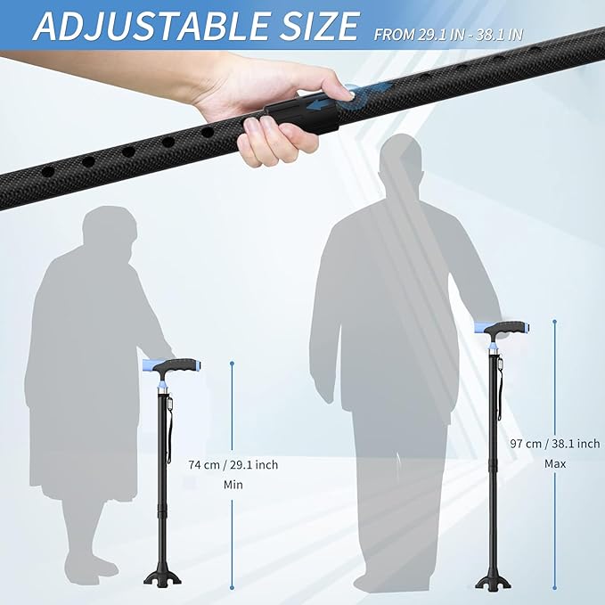 Walking Cane for Men for Stability, Walking Canes with Light,Adjustable Quad Canes for Men with Two Replacement Bases, Ultralight Carbon Fiber Walking Canes for Seniors Balance,Only 0.3kg