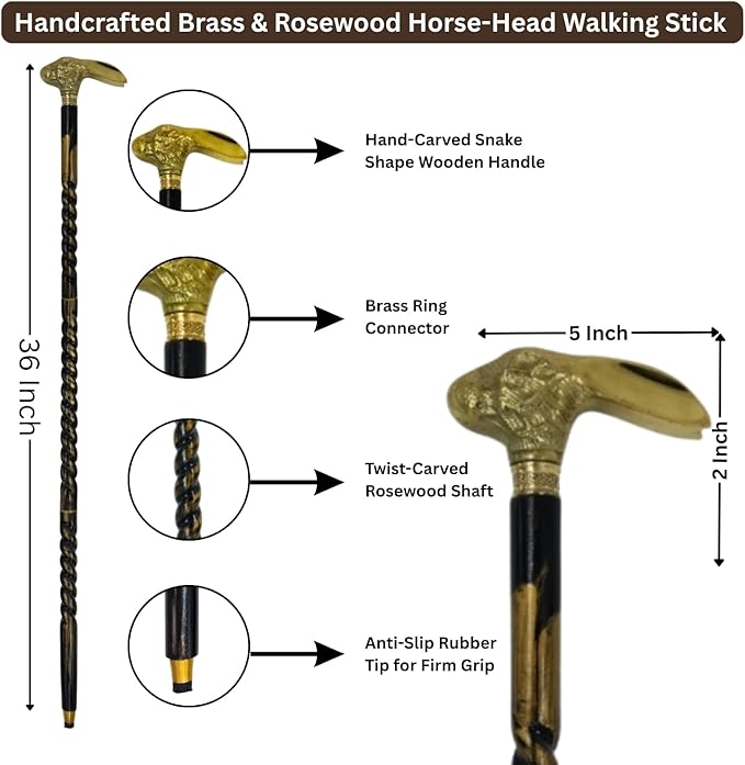 All Black Snake Handle Spiral Wooden Walking Cane