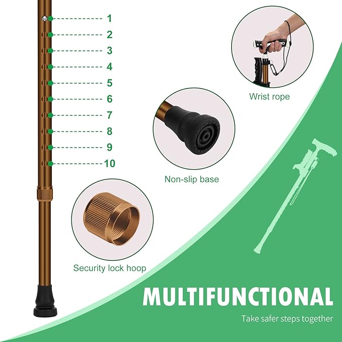 Hold 440 Lbs Walking Cane for Men & Women Aluminum Alloy Lightweight Height Adjustable Walking Stick Heavy Duty Foldbale Free Standing Cane with LED for Seniors Adults