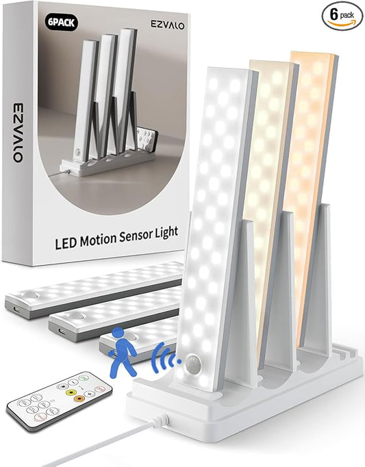 EZVALO 6-Pack Under Cabinet Lighting with Charging Station, 2000mAh Rechargeable Wireless Motion Sensor Lights, 3 Color Temps, Dimmable, Timer, Magnetic, with Remote Control for Kitchen, Closet, Stair