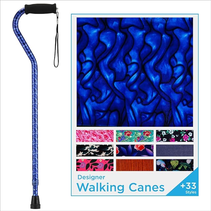Nova Joy Designer Offset Walking Cane for Seniors - Unisex Adjustable Lightweight Aid with Foam Handle, Wrist Strap and Anti-Rattle Lock - Essential Mobility Support - Blue Waves