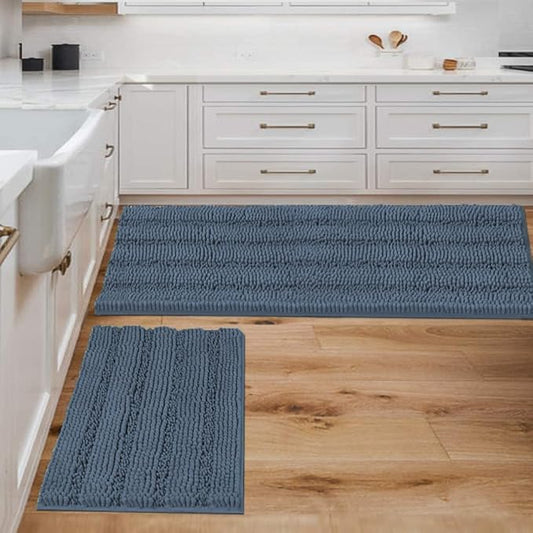 H.VERSAILTEX Bathroom Rug Sets 2 Piece Bath Mats Non Slip Thick Soft Chenille Striped Bath Rug achine Washable Shower Floor Rugs for Tub, Shower and Floor (Blue Indigo, 47" x 17"/17" x 24")