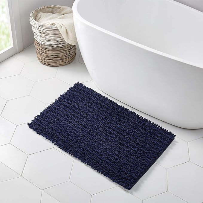 Walensee Bathroom Rug Non Slip Bath Mat (36x24 Inch Navy) Water Absorbent Super Soft Shaggy Chenille Machine Washable Dry Extra Thick Perfect Absorbant Best Large Plush Carpet for Shower Floor