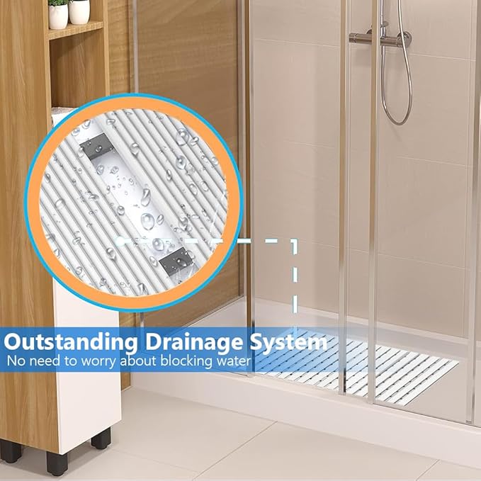 Bath Mat Non Slip Shower Mat Bathtub with Drain Holes and Heavy Duty Rubber No Suction Cups Sturdy Shower Stall Tub Mat for Bathroom, Shower Floor, Pool, SPA, (White, 17"x26")