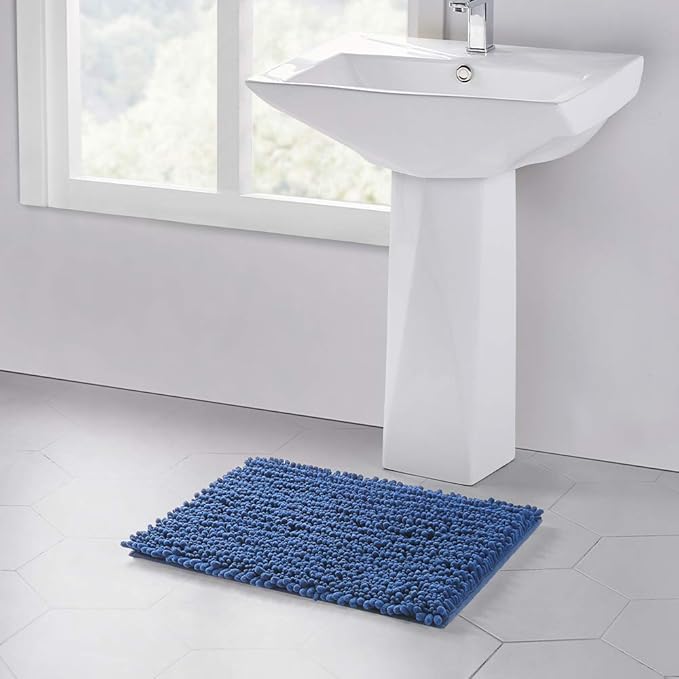 Walensee Bathroom Rug Non Slip Bath Mat (32x20 Dark Blue) Water Absorbent Super Soft Shaggy Chenille Machine Washable Dry Extra Thick Perfect Absorbant Best Large Plush Carpet for Shower Floor
