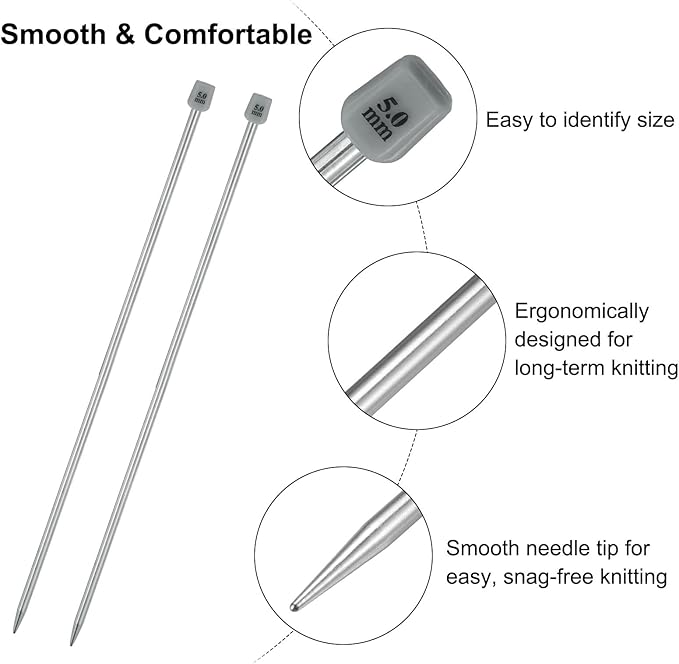 uxcell 2Pcs 5mm(H) Single Pointed Knitting Needles Stainless Steel 13.8 Inches Length Metal Weaving Tool for Handmade Projects DIY Knitting