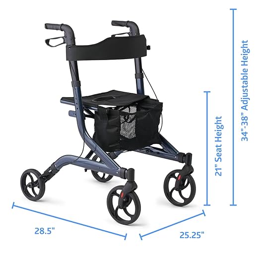 Medline Aluminum European Style Foldable Rollator with Backrest, 300 lbs. Capacity, Navy — For Foot & Leg Injuries & Post-Surgery