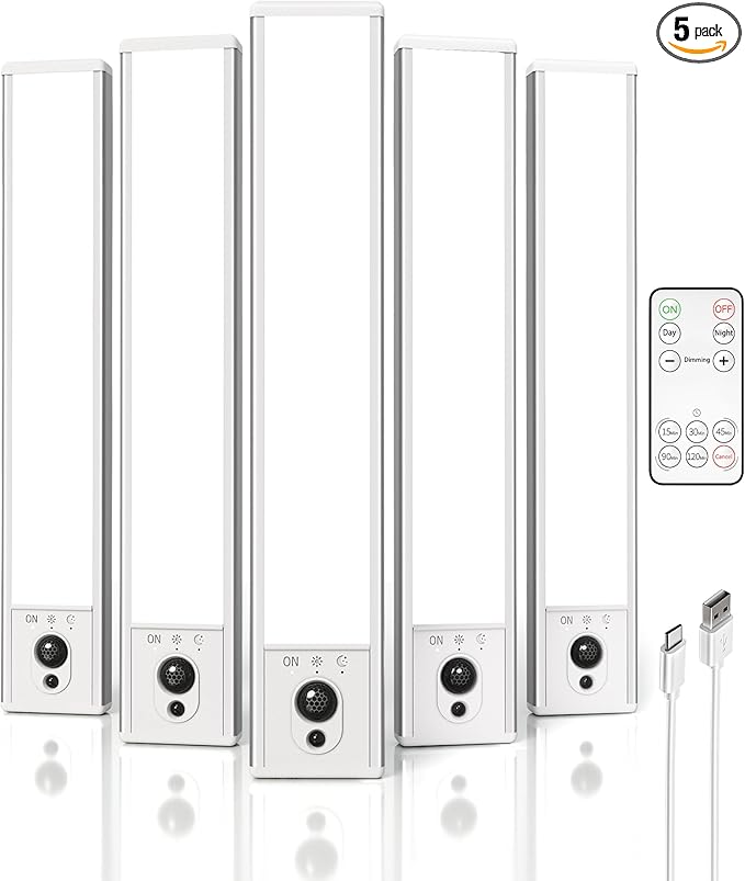 EZVALO 5 Pack Under Cabinet Lighting, Rechargeable Motion Sensor Light, LED Closet Lights Wireless, 5700K Dimmable, Timer, Magnetic, with Remote Control for Kitchen, Closet, Stair