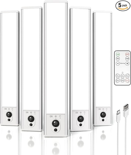 EZVALO 5 Pack Under Cabinet Lighting, Rechargeable Motion Sensor Light, LED Closet Lights Wireless, 5700K Dimmable, Timer, Magnetic, with Remote Control for Kitchen, Closet, Stair