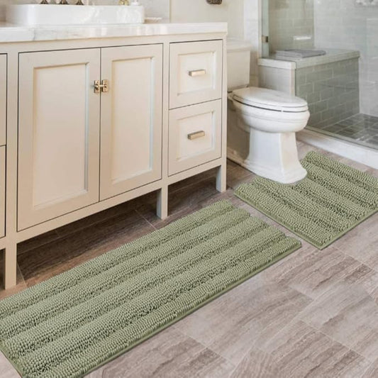 H.VERSAILTEX Bathroom Rug Sets 2 Piece Bath Mats Non Slip Thick Soft Chenille Striped Bath Rug achine Washable Shower Floor Rugs for Tub, Shower and Floor (Eucalyptus Green, 47"x17" Plus 20"x20" U)