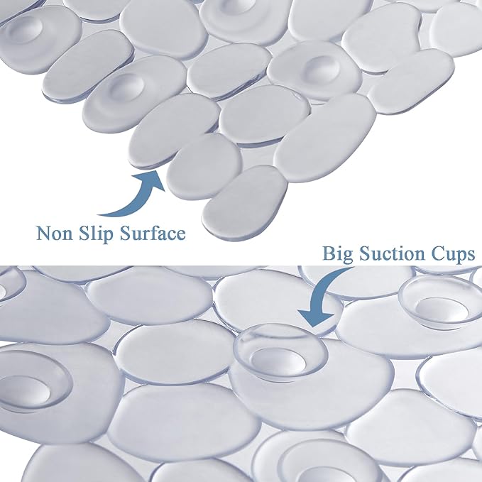 Bath Shower Mat Non Slip: Extra Large Pebble Bathtub mat for Families, Anti Slip Shower Matt with Drain Holes Suction Cups Tub Mat - 16 X 40 Inch Clear
